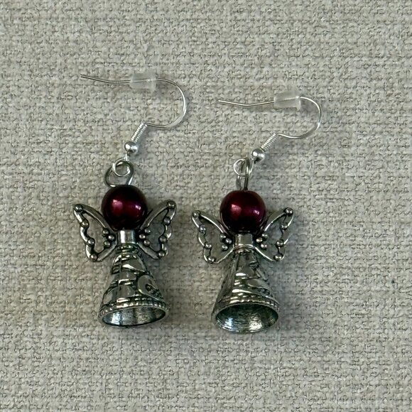 Angel Pierced Earrings Silver Burgundy - Picture 2 of 3